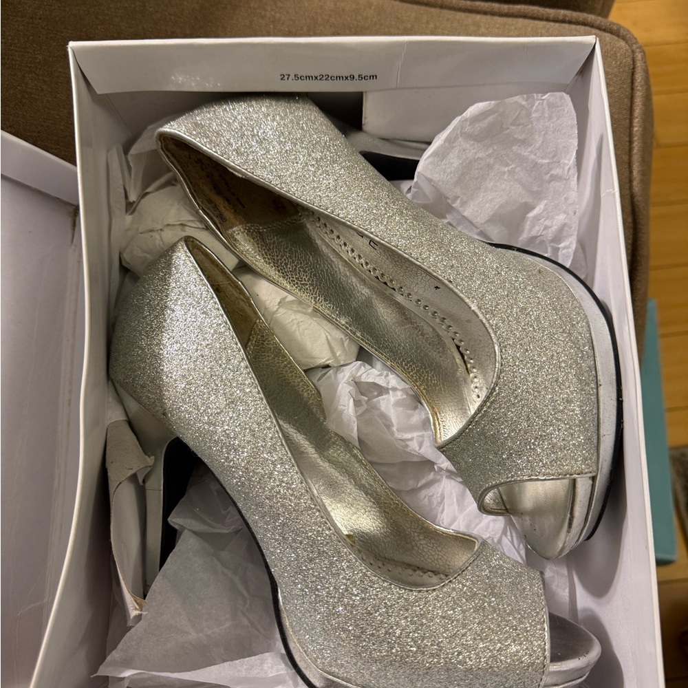 Rampage Glittering Silver Peep-Toe Heels